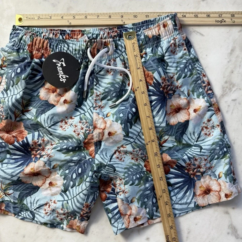 NEW Franks Australia Swim Trunks Maui Sky Floral Small Lined $89‎ White Lotus